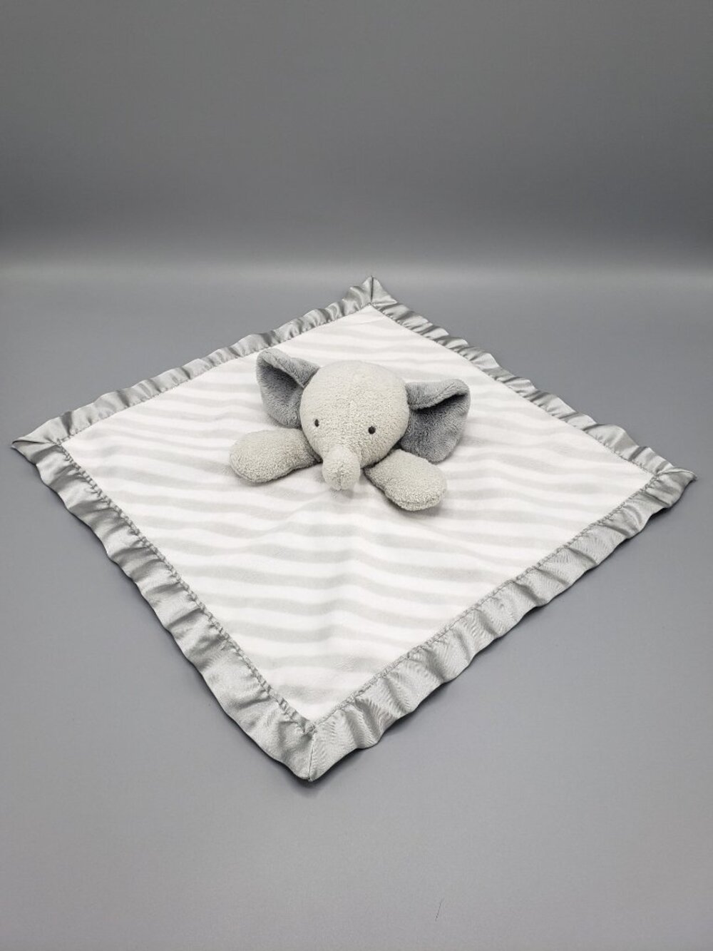 Cloud Island Striped Grey Elephant Plush Satin Lovey Security Blanket 14" Square